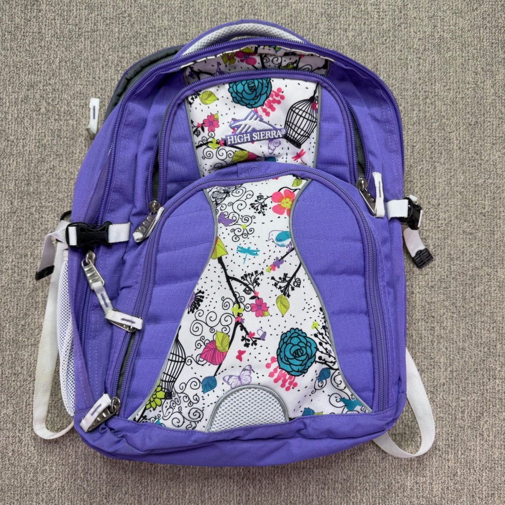 High Sierra Purple Floral Birdcage Backpack School Bag Multi Compartment